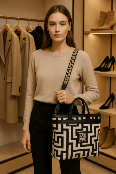Midneto MD 049 Beige Black labyrinth bag