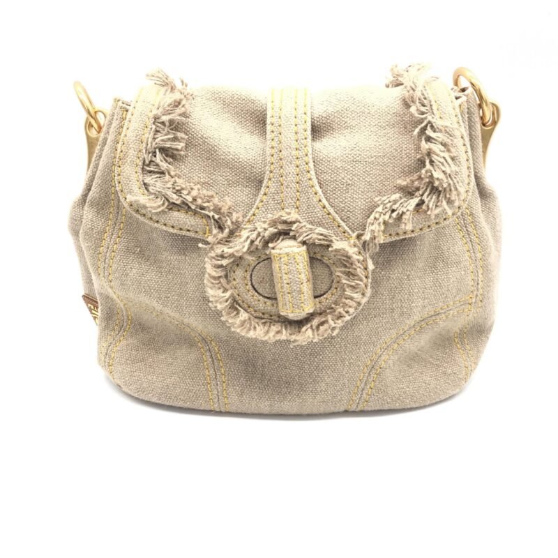 Prada Fringe Canvas Crossbody Handbag With Gold Accents - Image 2